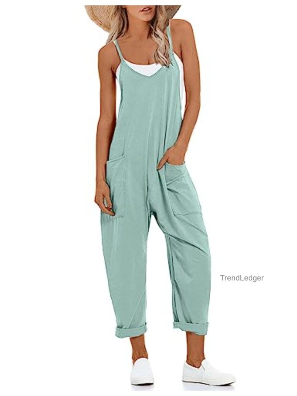 Lentta Cotton Spandex Sleeveless Harem Jumpsuit Adjustable Straps Pockets